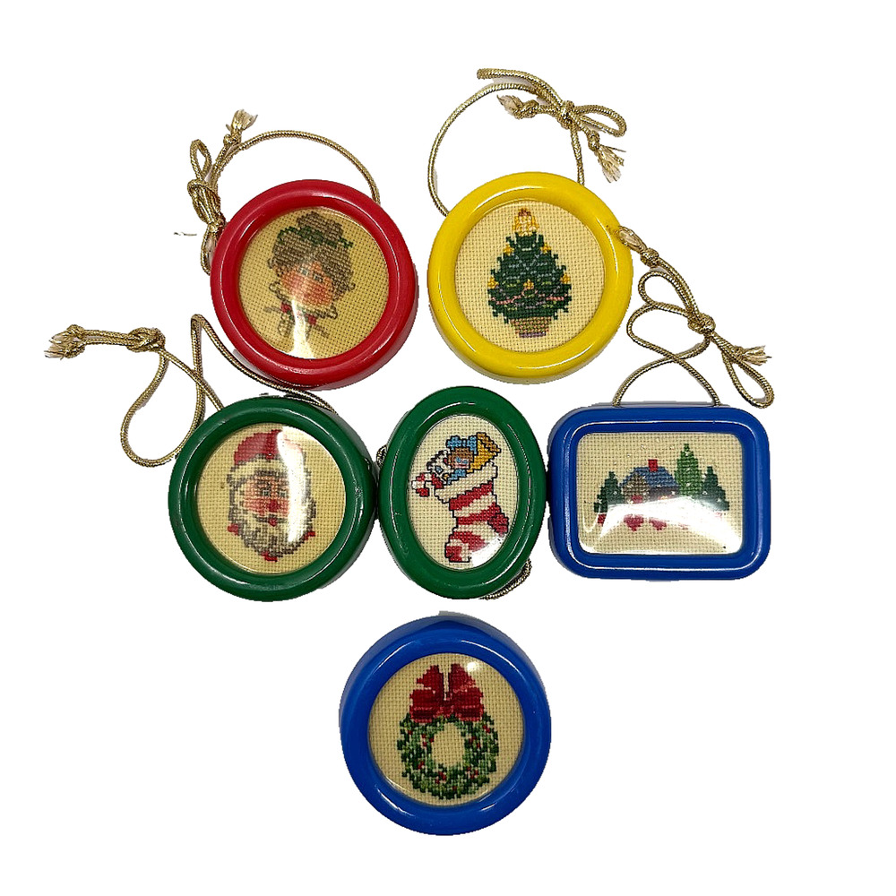 Lot of 6 Vintage Handmade Cross Stitch Christmas Ornaments Plastic Frames